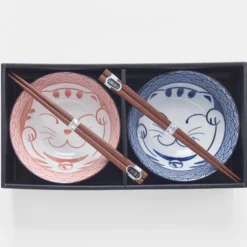 Japansk Keramik Sæt 2 Skåle Med Spisepinde 15cm Rød/Blå Maneki Neko