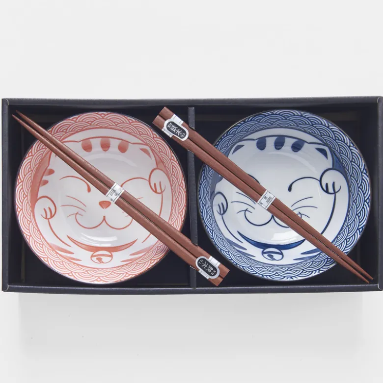 Japansk Keramik Sæt 2 Skåle Med Spisepinde 15cm Rød/Blå Maneki Neko
