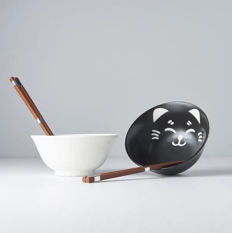 Japansk Keramik Sæt 2 Skåle Med Spisepinde 15cm Neko