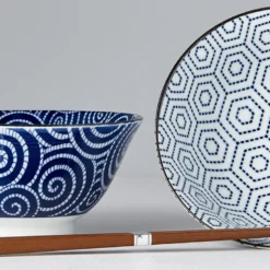 Japansk Keramik Sæt 2 Skåle Med Spisepinde 15cm Uzumaki