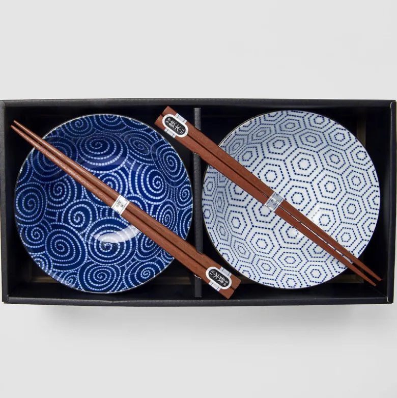 Japansk Keramik Sæt 2 Skåle Med Spisepinde 15cm Uzumaki