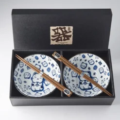 Japansk Keramik Sæt 2 Skåle Med Spisepinde Maneki Neko