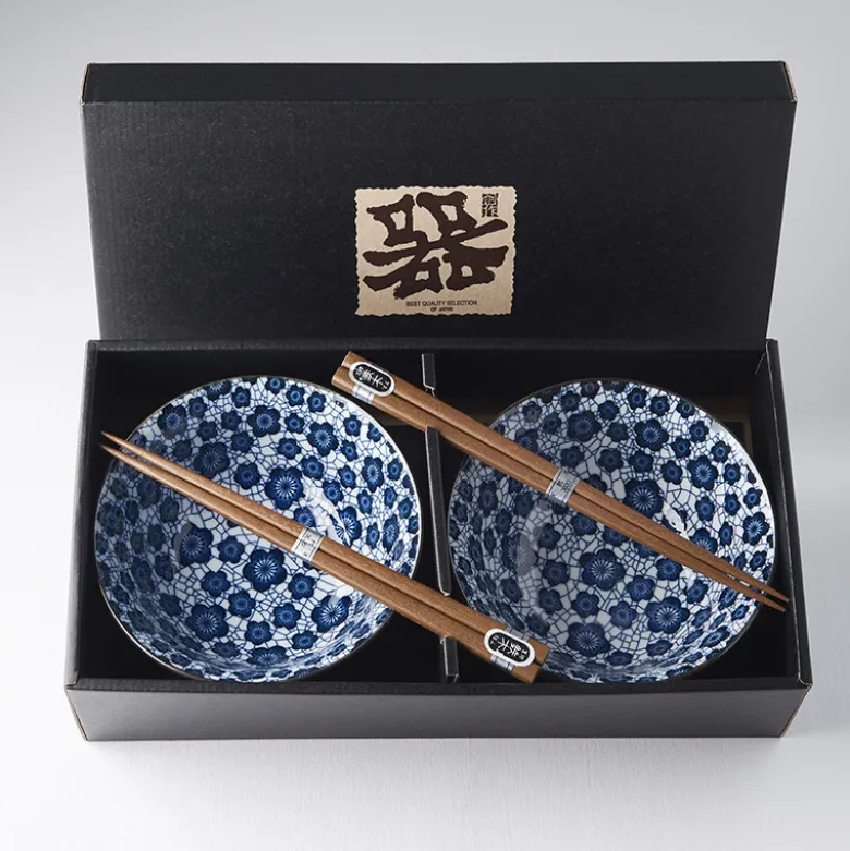 Japansk Keramik Sæt 2 Skåle Med Spisepinde 15cm Ume