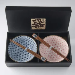 Japansk Keramik Sæt 2 Skåle Med Spisepinde 15cm Asanoha
