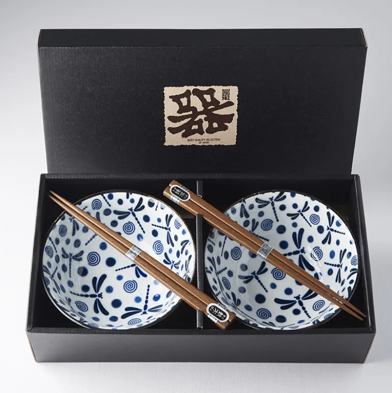 Japansk Keramik Sæt 2 Skåle Med Spisepinde 15cm Guldsmede