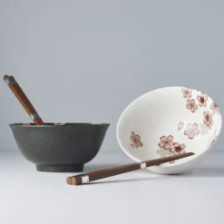 Japansk Keramik Sæt 2 Skåle Med Spisepinde 15cm Pink Sakura