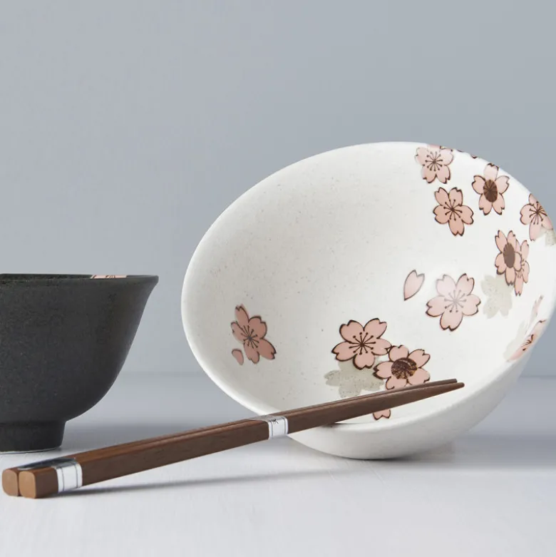 Japansk Keramik Sæt 2 Skåle Med Spisepinde 15cm Pink Sakura