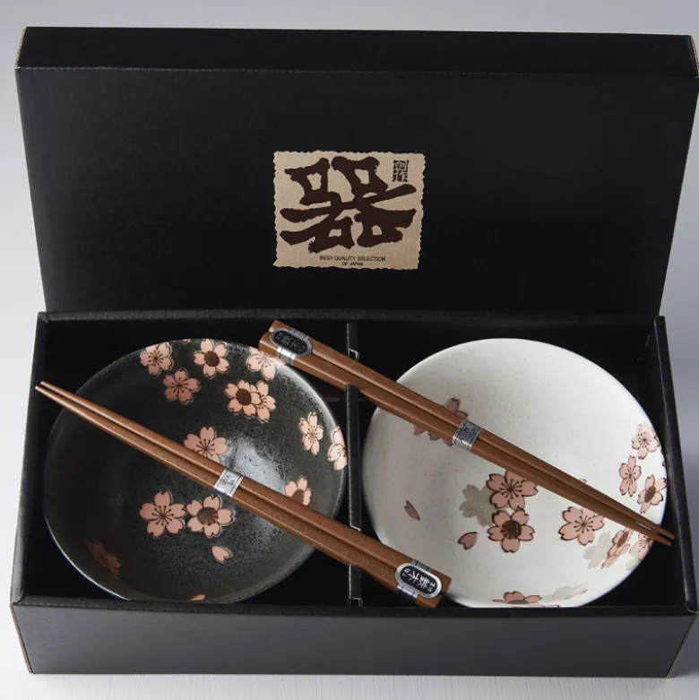 Japansk Keramik Sæt 2 Skåle Med Spisepinde 15cm Pink Sakura